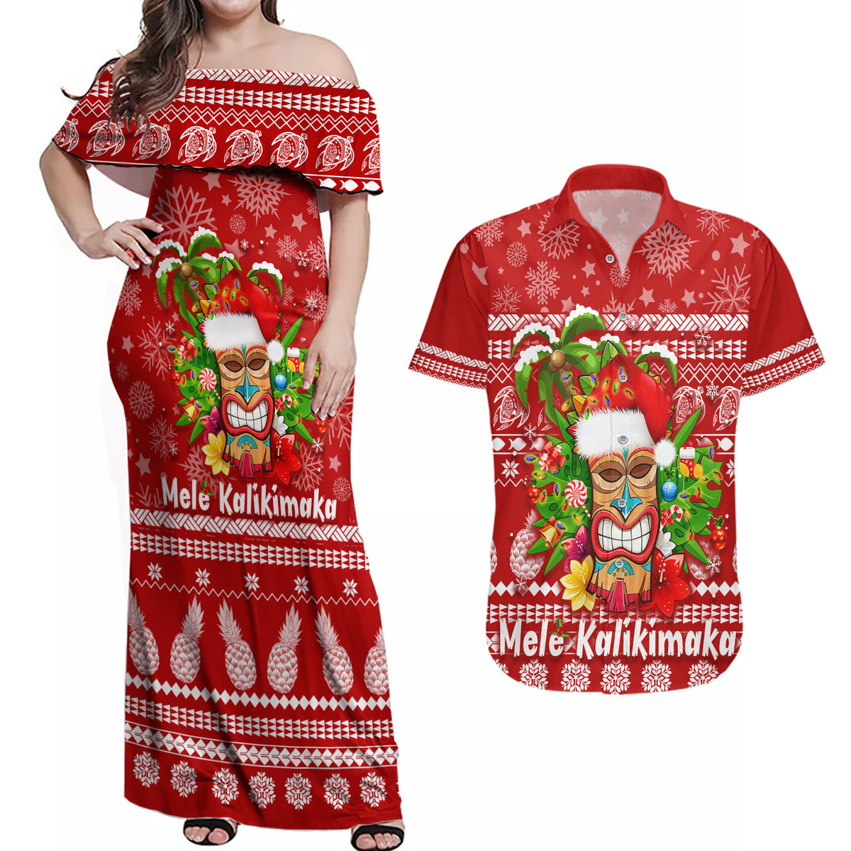 Hawaii Tiki Christmas Couples Matching Off Shoulder Maxi Dress and Hawaiian Shirt Mele Kalikimaka LT7 - Wonder Print Shop