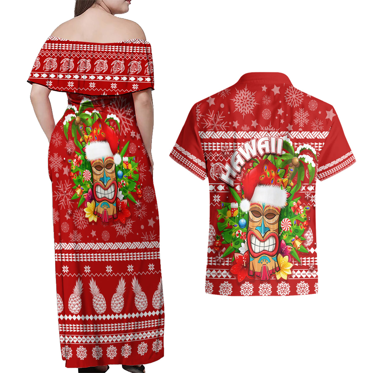 Hawaii Tiki Christmas Couples Matching Off Shoulder Maxi Dress and Hawaiian Shirt Mele Kalikimaka LT7 - Wonder Print Shop