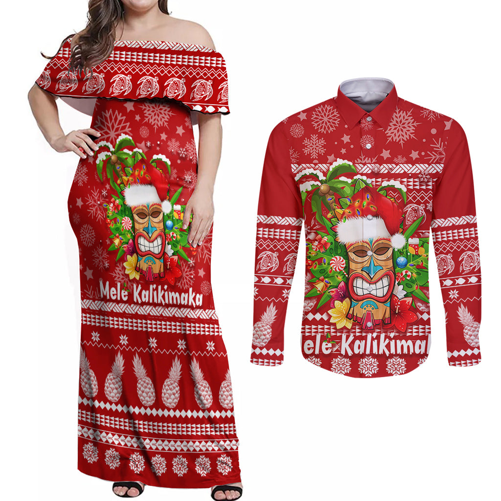 Hawaii Tiki Christmas Couples Matching Off Shoulder Maxi Dress and Long Sleeve Button Shirt Mele Kalikimaka LT7 - Wonder Print Shop