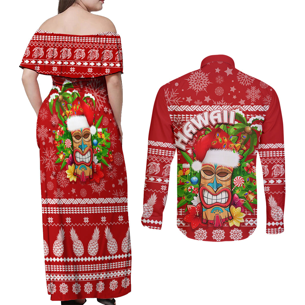 Hawaii Tiki Christmas Couples Matching Off Shoulder Maxi Dress and Long Sleeve Button Shirt Mele Kalikimaka LT7 - Wonder Print Shop