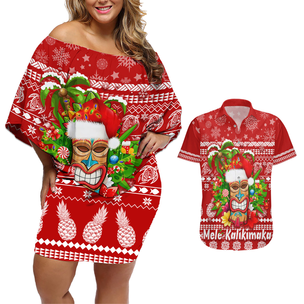 Hawaii Tiki Christmas Couples Matching Off Shoulder Short Dress and Hawaiian Shirt Mele Kalikimaka LT7 - Wonder Print Shop