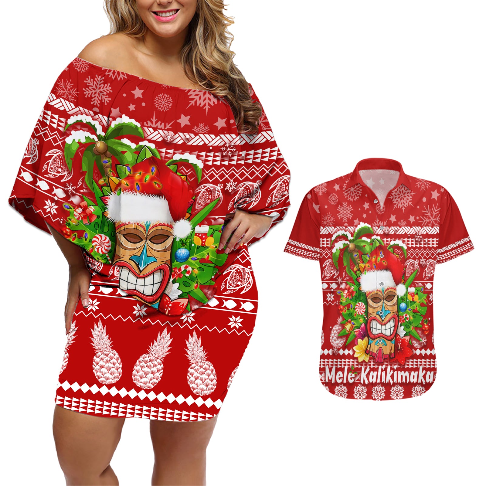 Hawaii Tiki Christmas Couples Matching Off Shoulder Short Dress and Hawaiian Shirt Mele Kalikimaka LT7 - Wonder Print Shop