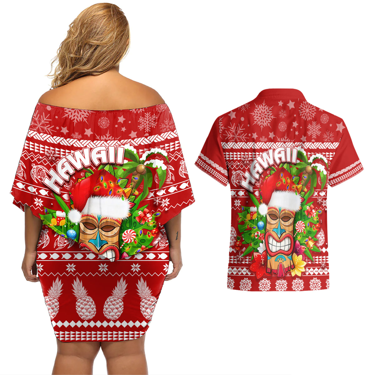 Hawaii Tiki Christmas Couples Matching Off Shoulder Short Dress and Hawaiian Shirt Mele Kalikimaka LT7 - Wonder Print Shop