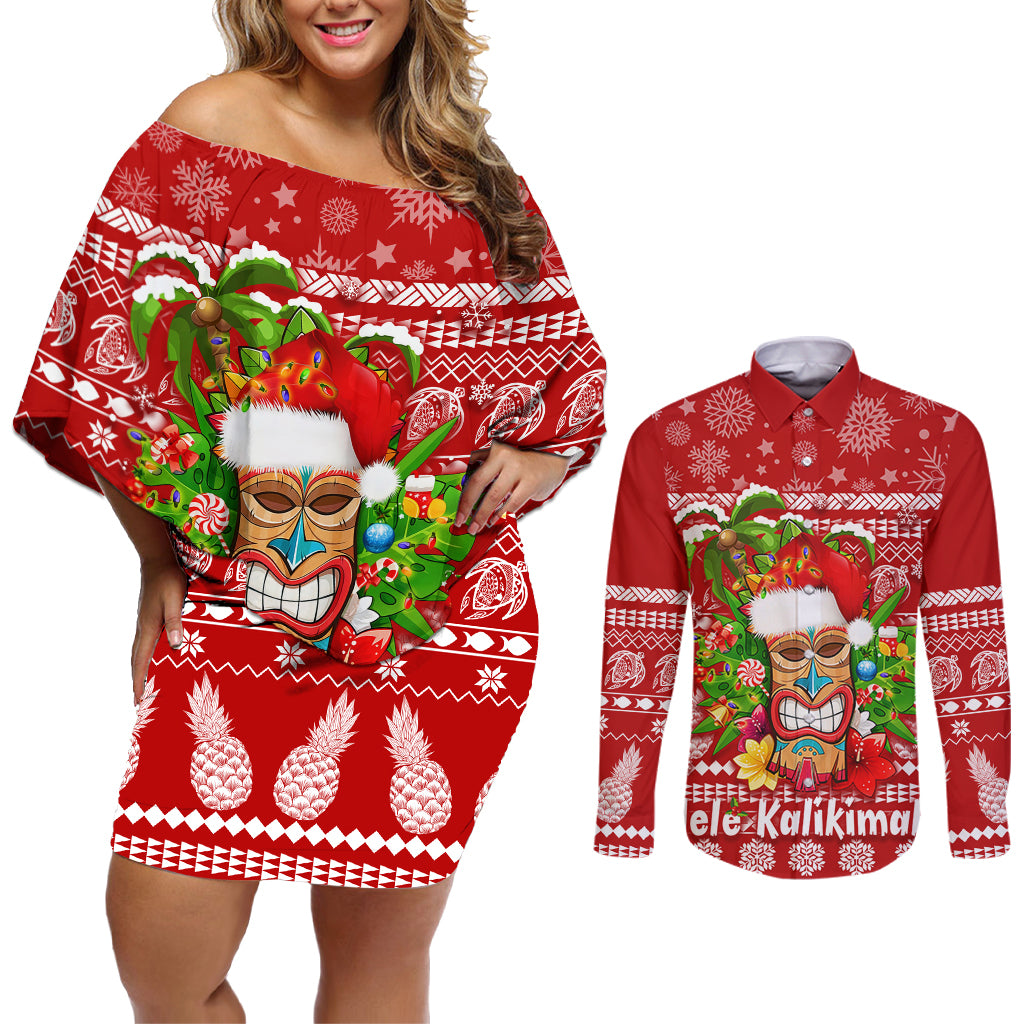 Hawaii Tiki Christmas Couples Matching Off Shoulder Short Dress and Long Sleeve Button Shirt Mele Kalikimaka LT7 - Wonder Print Shop