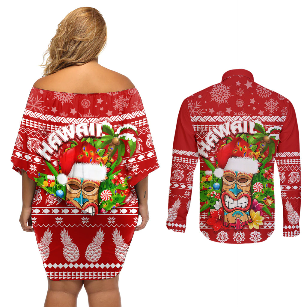 Hawaii Tiki Christmas Couples Matching Off Shoulder Short Dress and Long Sleeve Button Shirt Mele Kalikimaka LT7 - Wonder Print Shop