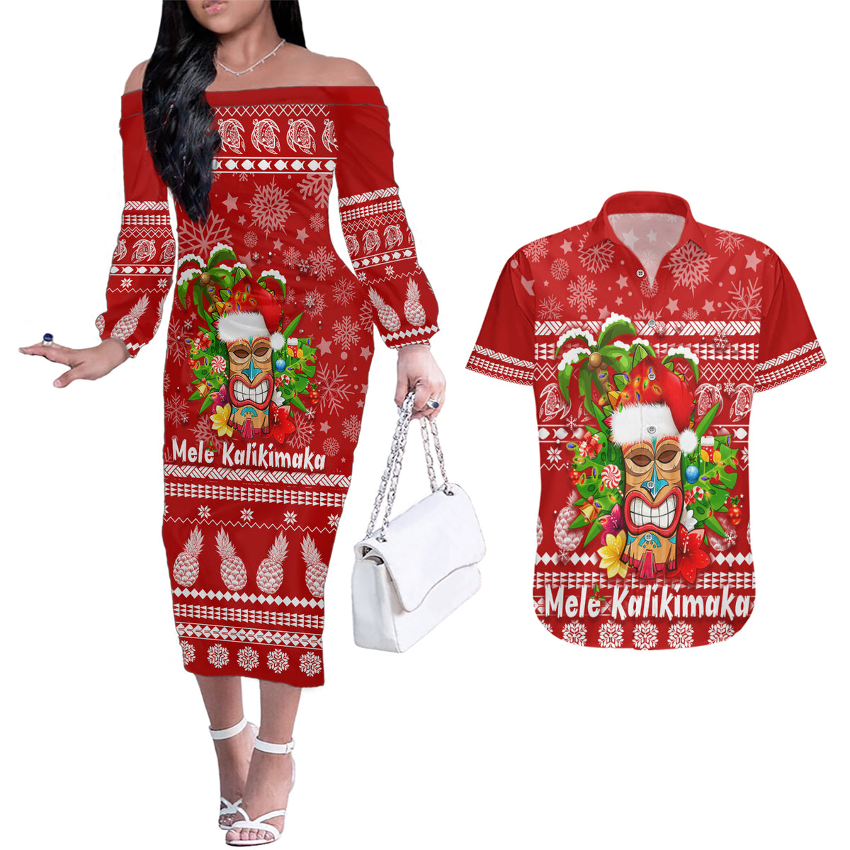 Hawaii Tiki Christmas Couples Matching Off The Shoulder Long Sleeve Dress and Hawaiian Shirt Mele Kalikimaka LT7 - Wonder Print Shop