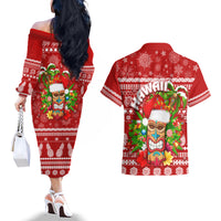 Hawaii Tiki Christmas Couples Matching Off The Shoulder Long Sleeve Dress and Hawaiian Shirt Mele Kalikimaka LT7 - Wonder Print Shop