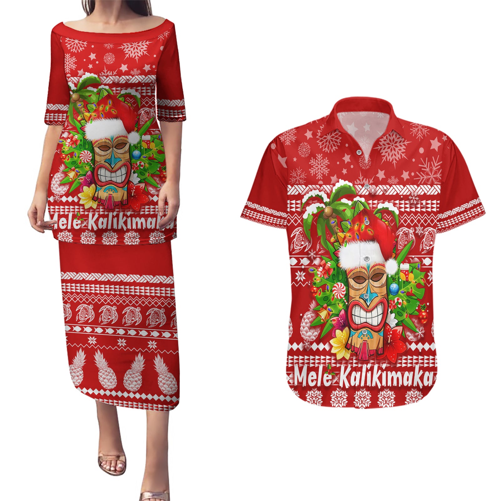 Hawaii Tiki Christmas Couples Matching Puletasi Dress and Hawaiian Shirt Mele Kalikimaka LT7 - Wonder Print Shop