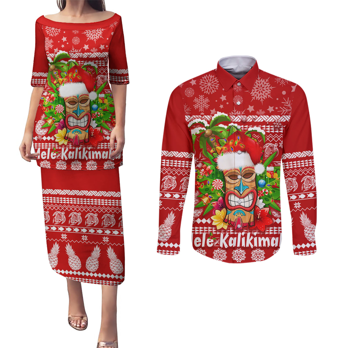Hawaii Tiki Christmas Couples Matching Puletasi Dress and Long Sleeve Button Shirt Mele Kalikimaka LT7 - Wonder Print Shop