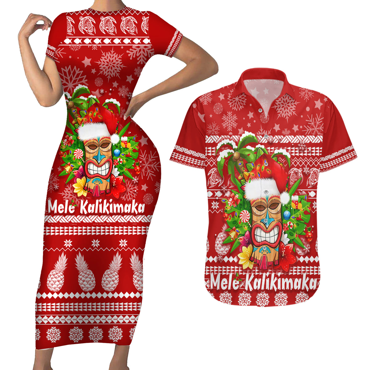 Hawaii Tiki Christmas Couples Matching Short Sleeve Bodycon Dress and Hawaiian Shirt Mele Kalikimaka LT7 - Wonder Print Shop