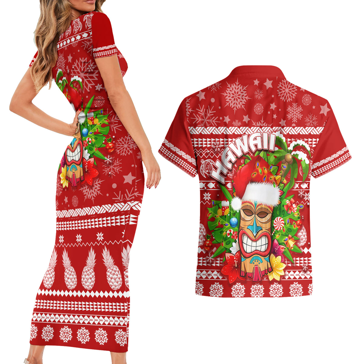 Hawaii Tiki Christmas Couples Matching Short Sleeve Bodycon Dress and Hawaiian Shirt Mele Kalikimaka LT7 - Wonder Print Shop