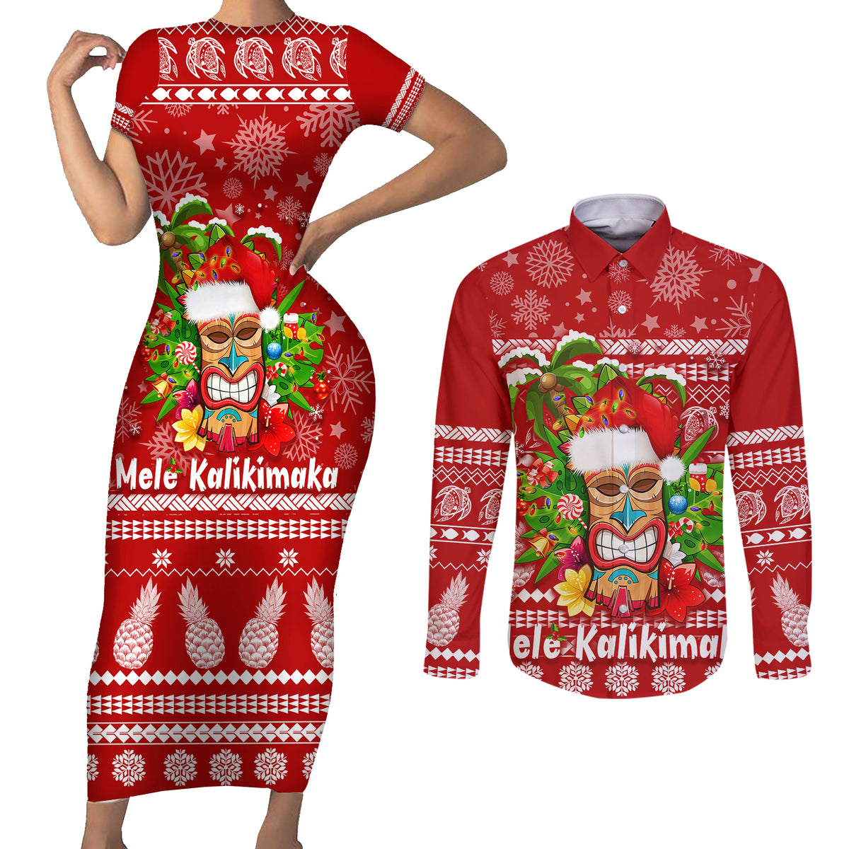 Hawaii Tiki Christmas Couples Matching Short Sleeve Bodycon Dress and Long Sleeve Button Shirt Mele Kalikimaka LT7 - Wonder Print Shop