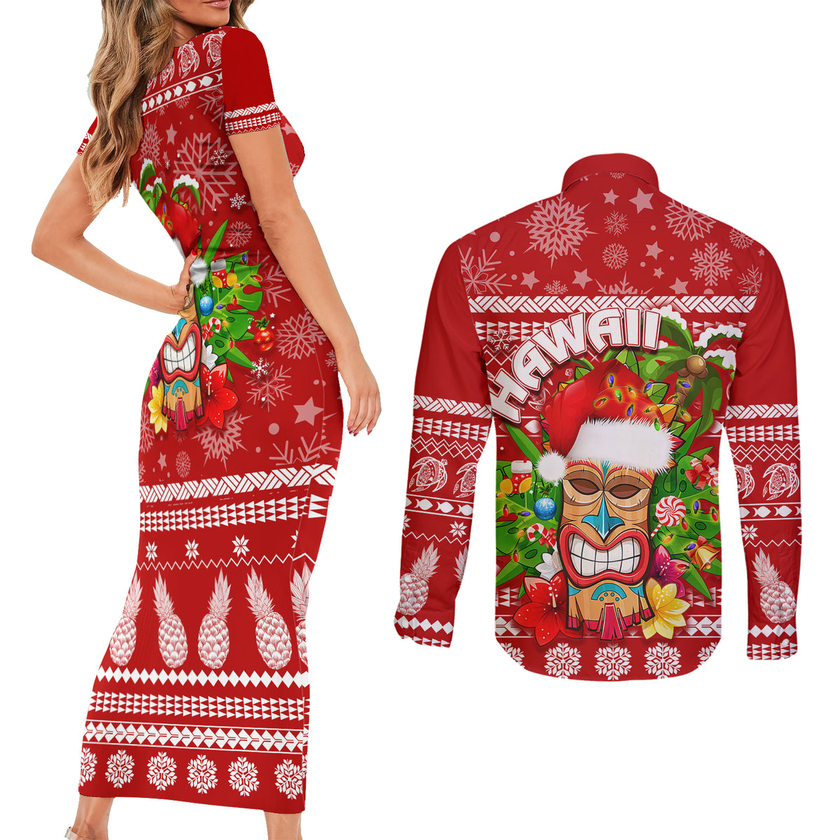 Hawaii Tiki Christmas Couples Matching Short Sleeve Bodycon Dress and Long Sleeve Button Shirt Mele Kalikimaka LT7 - Wonder Print Shop