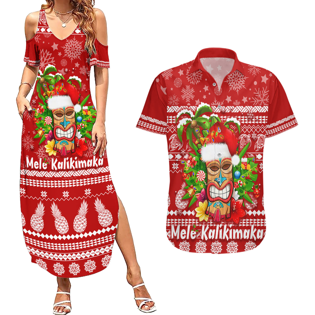 Hawaii Tiki Christmas Couples Matching Summer Maxi Dress and Hawaiian Shirt Mele Kalikimaka LT7 - Wonder Print Shop