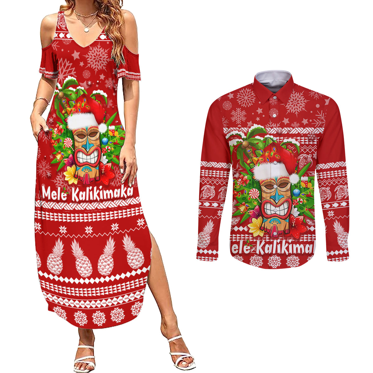 Hawaii Tiki Christmas Couples Matching Summer Maxi Dress and Long Sleeve Button Shirt Mele Kalikimaka LT7 - Wonder Print Shop