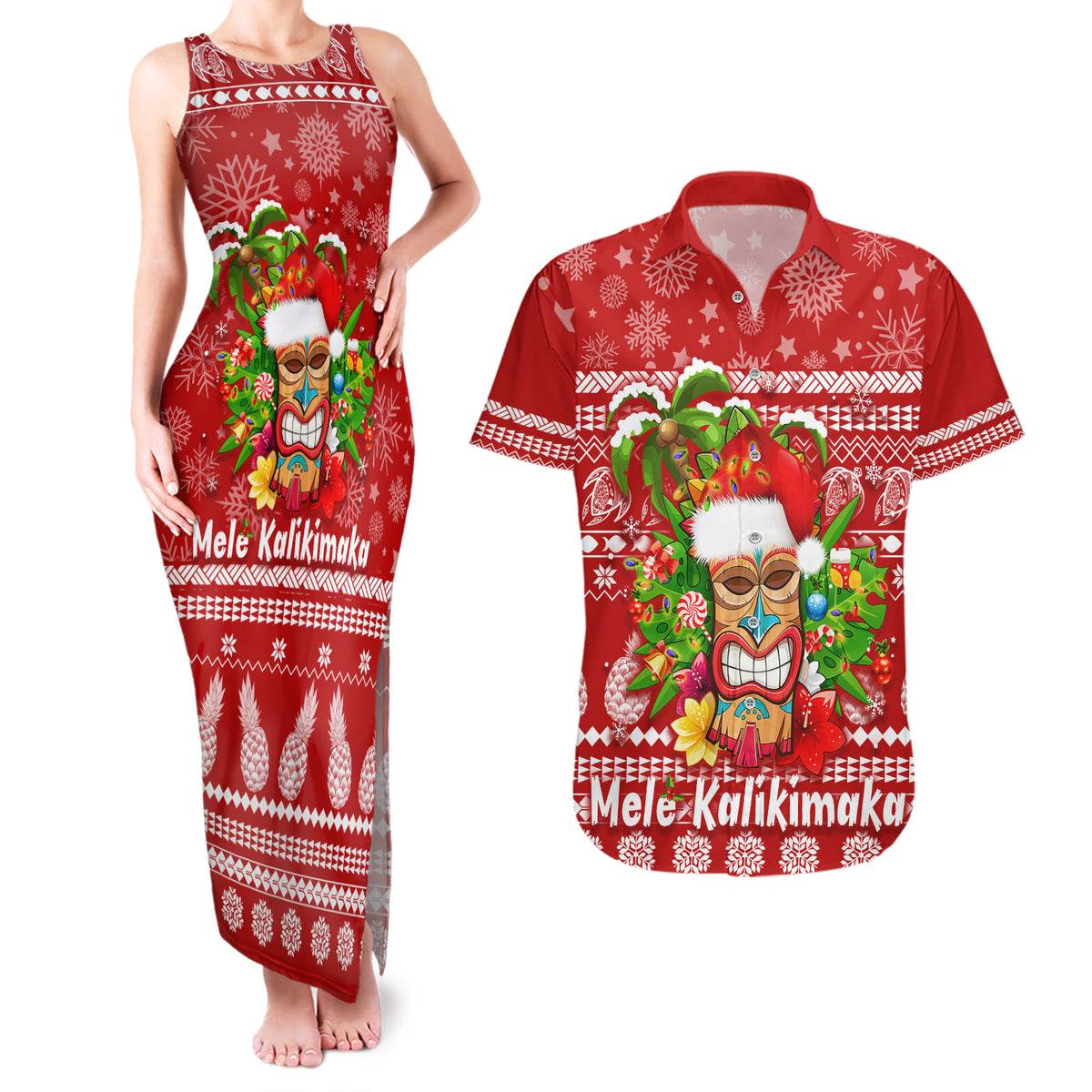 Hawaii Tiki Christmas Couples Matching Tank Maxi Dress and Hawaiian Shirt Mele Kalikimaka LT7 - Wonder Print Shop