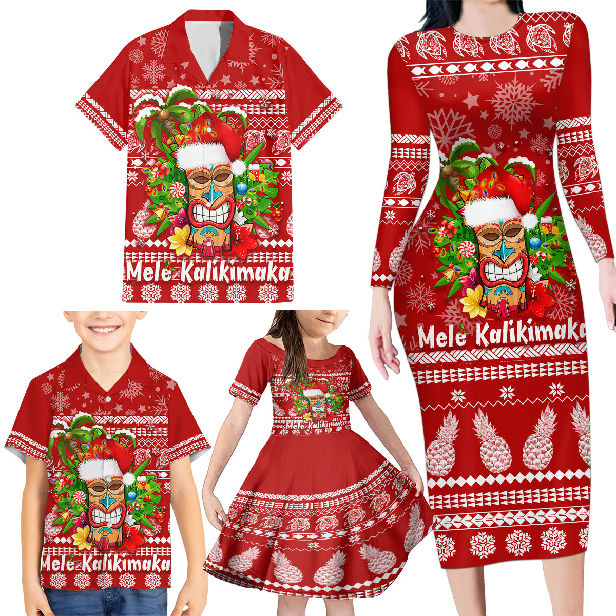 Hawaii Tiki Christmas Family Matching Long Sleeve Bodycon Dress and Hawaiian Shirt Mele Kalikimaka LT7 - Wonder Print Shop