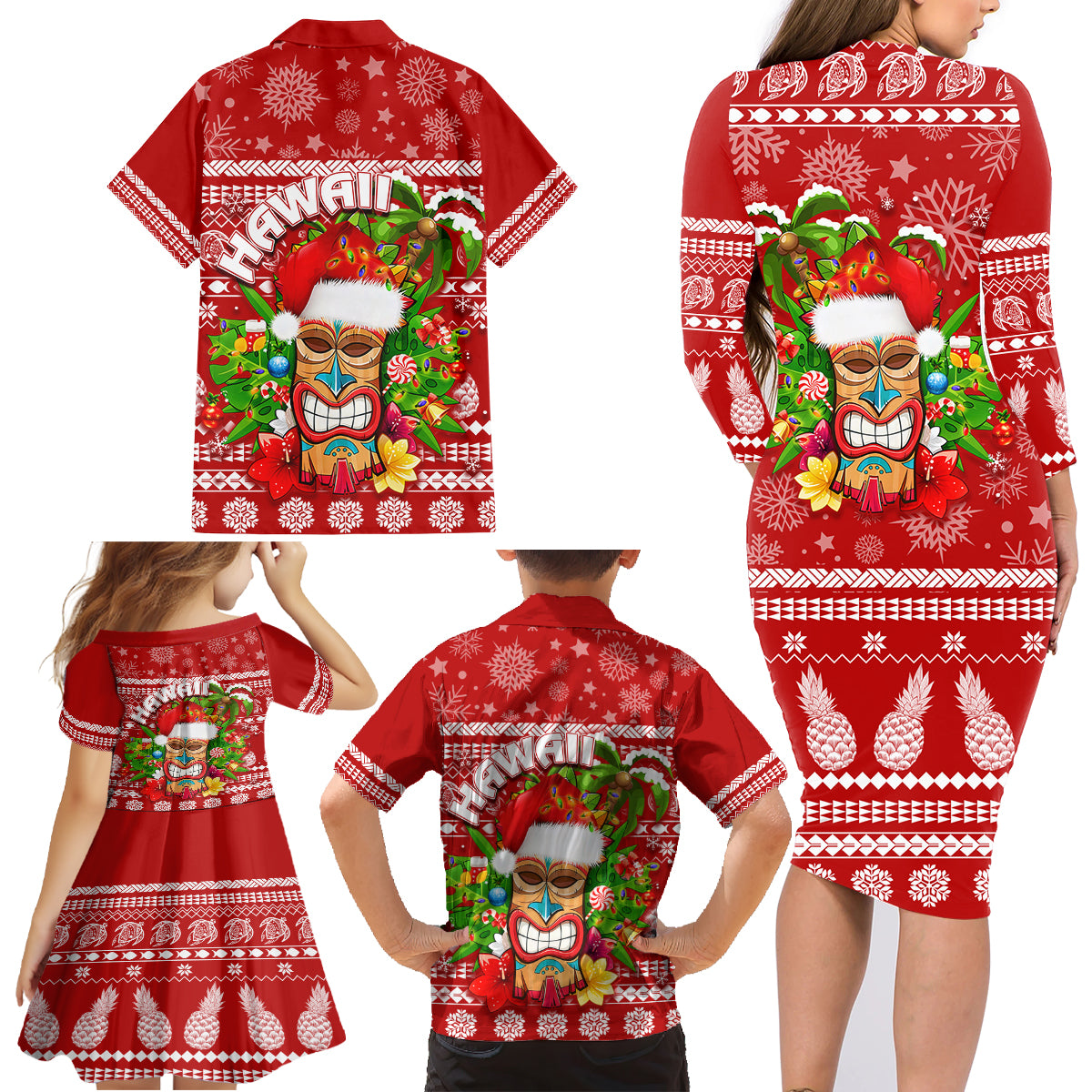 Hawaii Tiki Christmas Family Matching Long Sleeve Bodycon Dress and Hawaiian Shirt Mele Kalikimaka LT7 - Wonder Print Shop