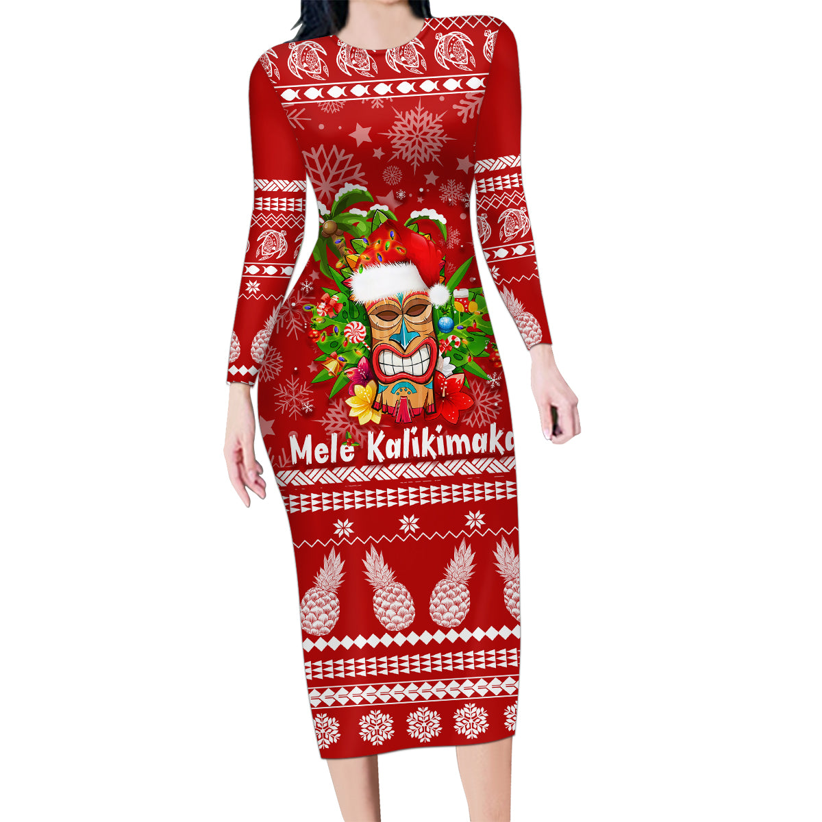 Hawaii Tiki Christmas Family Matching Long Sleeve Bodycon Dress and Hawaiian Shirt Mele Kalikimaka LT7 - Wonder Print Shop