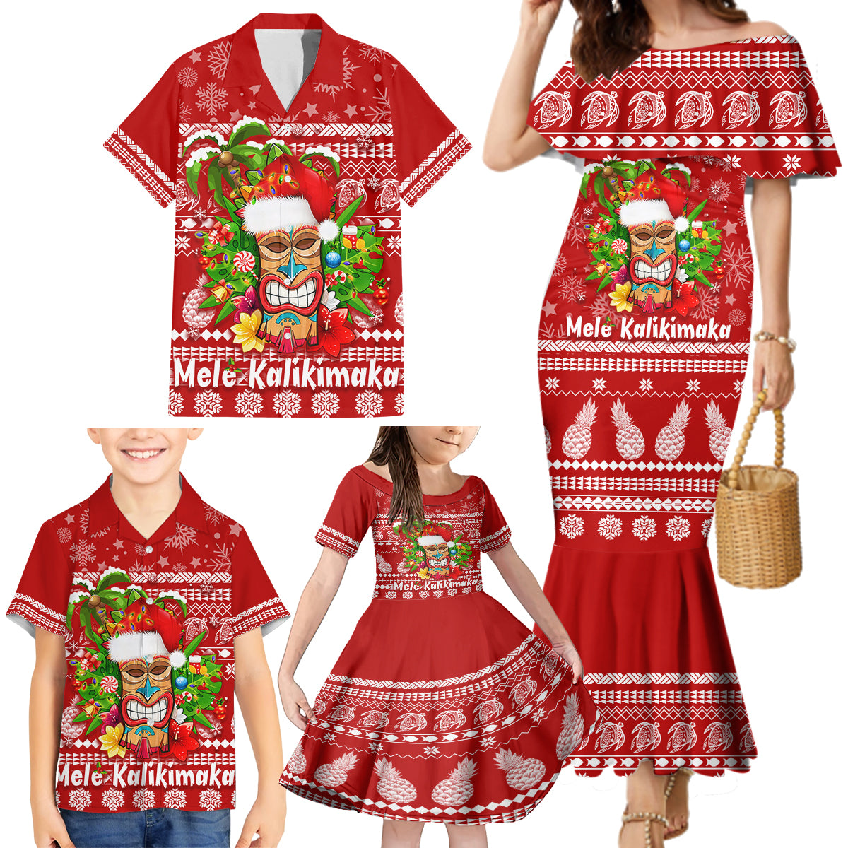 Hawaii Tiki Christmas Family Matching Mermaid Dress and Hawaiian Shirt Mele Kalikimaka LT7 - Wonder Print Shop