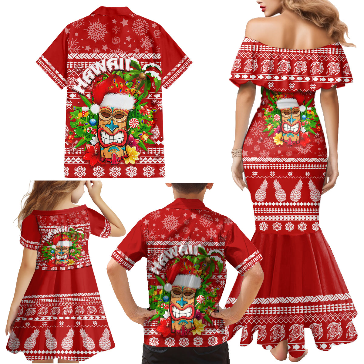 Hawaii Tiki Christmas Family Matching Mermaid Dress and Hawaiian Shirt Mele Kalikimaka LT7 - Wonder Print Shop