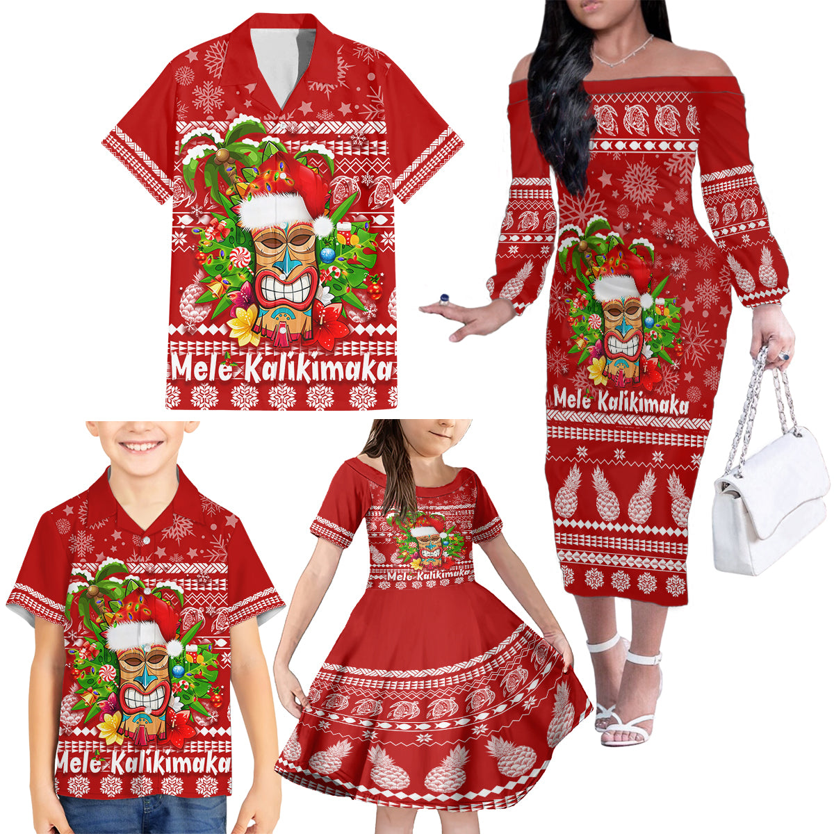 Hawaii Tiki Christmas Family Matching Off Shoulder Long Sleeve Dress and Hawaiian Shirt Mele Kalikimaka - Wonder Print Shop