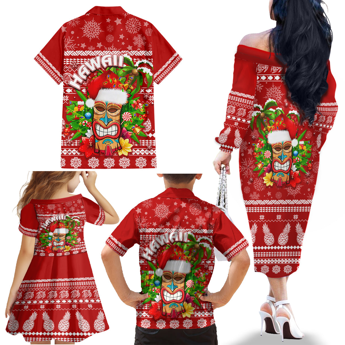 Hawaii Tiki Christmas Family Matching Off Shoulder Long Sleeve Dress and Hawaiian Shirt Mele Kalikimaka - Wonder Print Shop