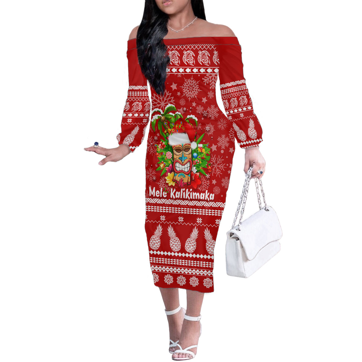 Hawaii Tiki Christmas Family Matching Off Shoulder Long Sleeve Dress and Hawaiian Shirt Mele Kalikimaka - Wonder Print Shop