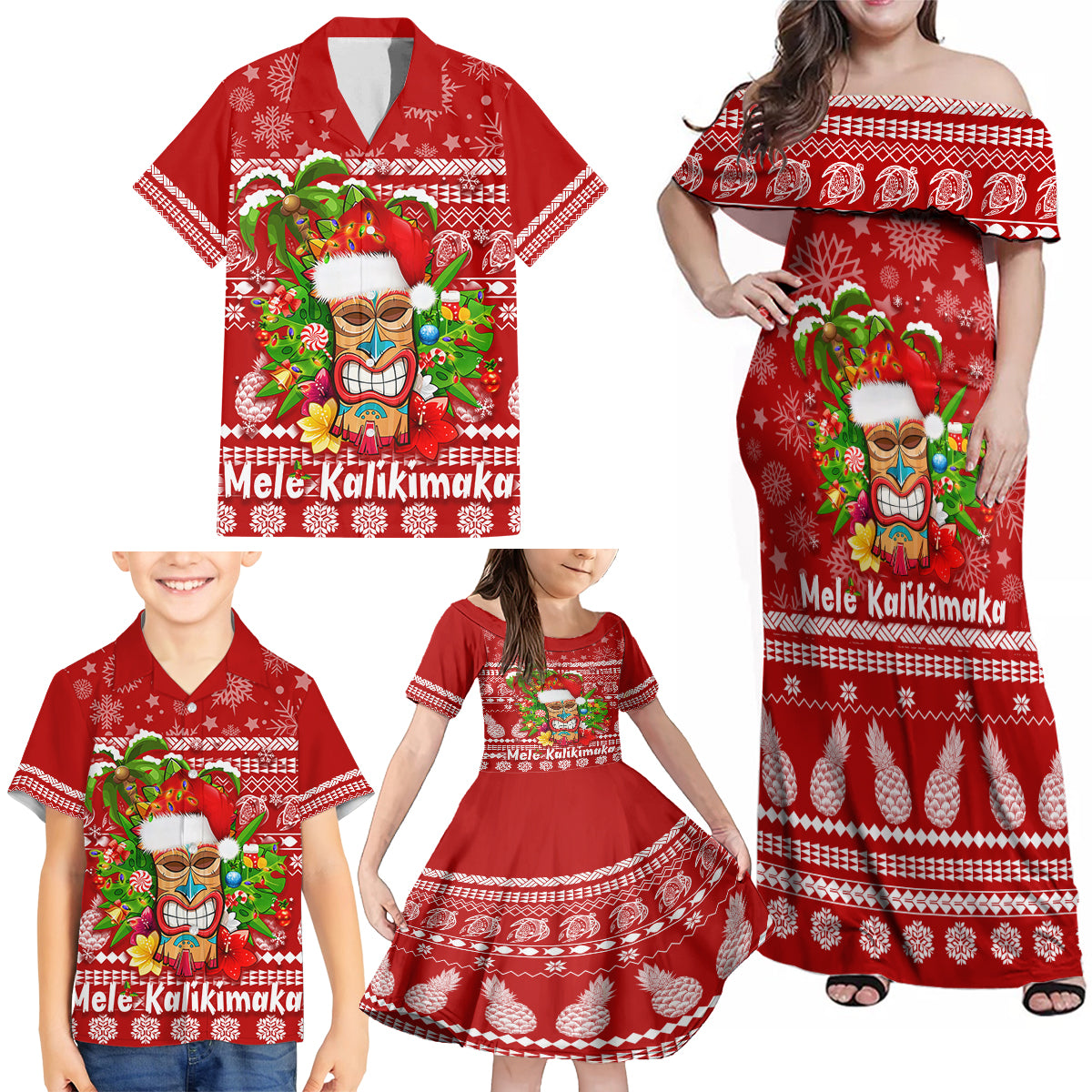Hawaii Tiki Christmas Family Matching Off Shoulder Maxi Dress and Hawaiian Shirt Mele Kalikimaka LT7 - Wonder Print Shop
