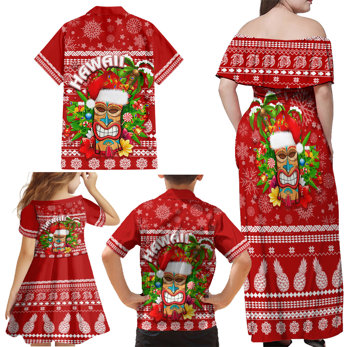 Hawaii Tiki Christmas Family Matching Off Shoulder Maxi Dress and Hawaiian Shirt Mele Kalikimaka LT7 - Wonder Print Shop