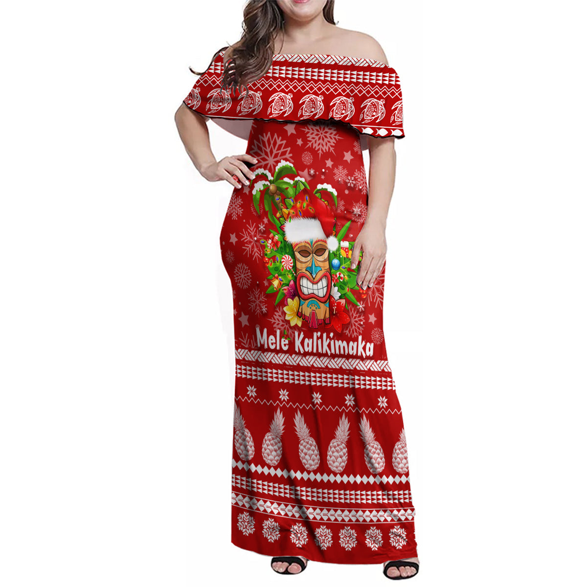 Hawaii Tiki Christmas Family Matching Off Shoulder Maxi Dress and Hawaiian Shirt Mele Kalikimaka LT7 - Wonder Print Shop