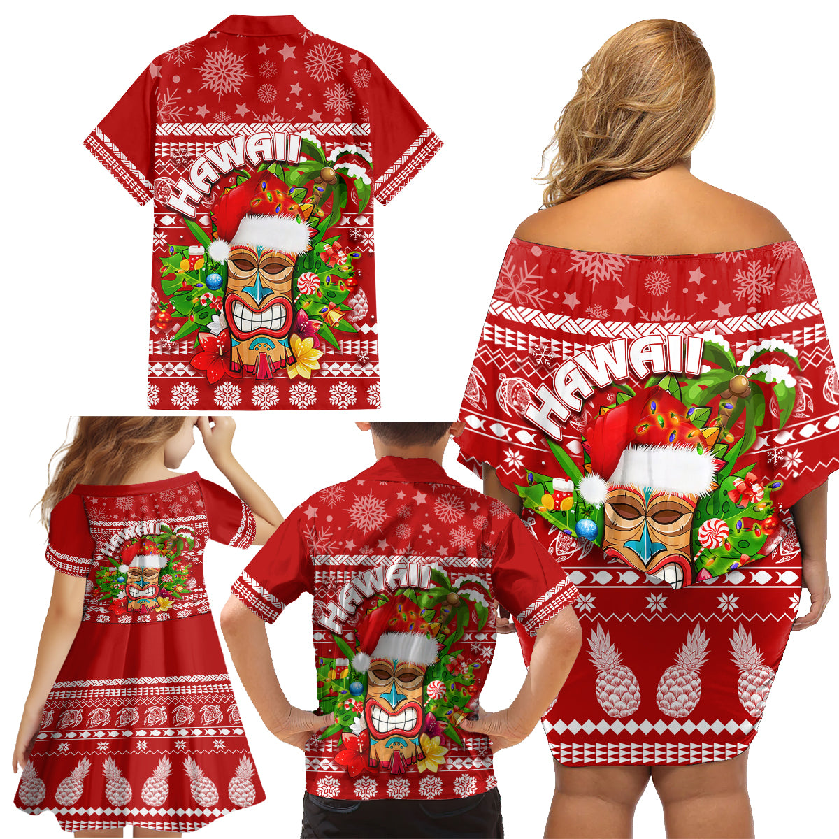 Hawaii Tiki Christmas Family Matching Off Shoulder Short Dress and Hawaiian Shirt Mele Kalikimaka LT7 - Wonder Print Shop