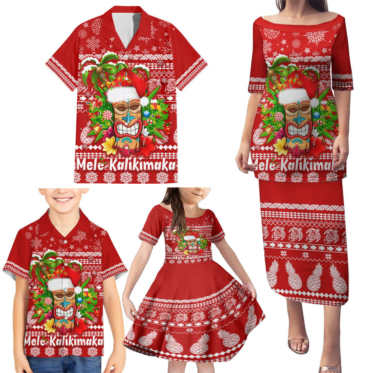 Hawaii Tiki Christmas Family Matching Puletasi Dress and Hawaiian Shirt Mele Kalikimaka - Wonder Print Shop
