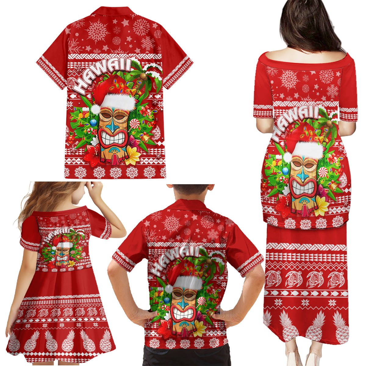 Hawaii Tiki Christmas Family Matching Puletasi Dress and Hawaiian Shirt Mele Kalikimaka - Wonder Print Shop