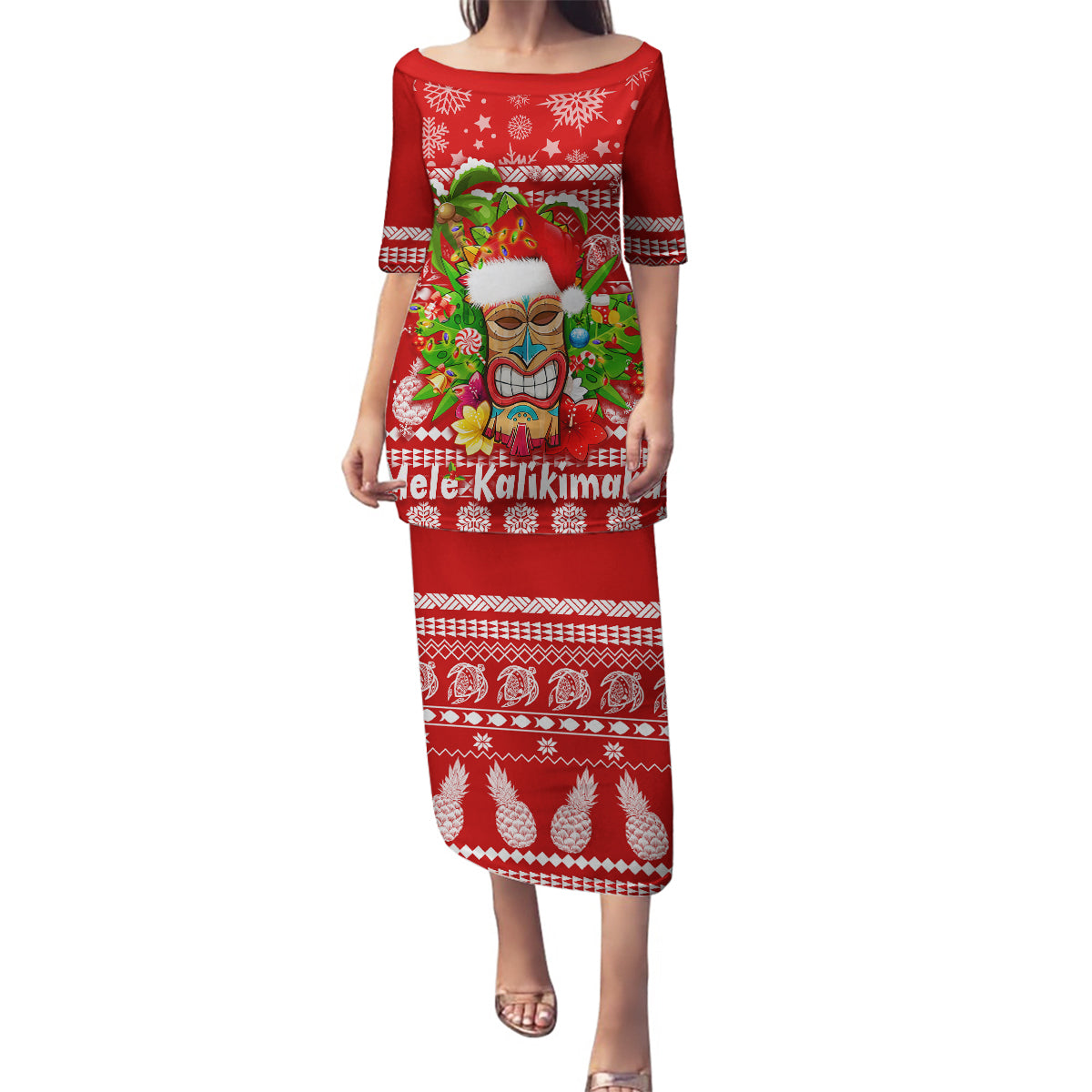 Hawaii Tiki Christmas Family Matching Puletasi Dress and Hawaiian Shirt Mele Kalikimaka - Wonder Print Shop