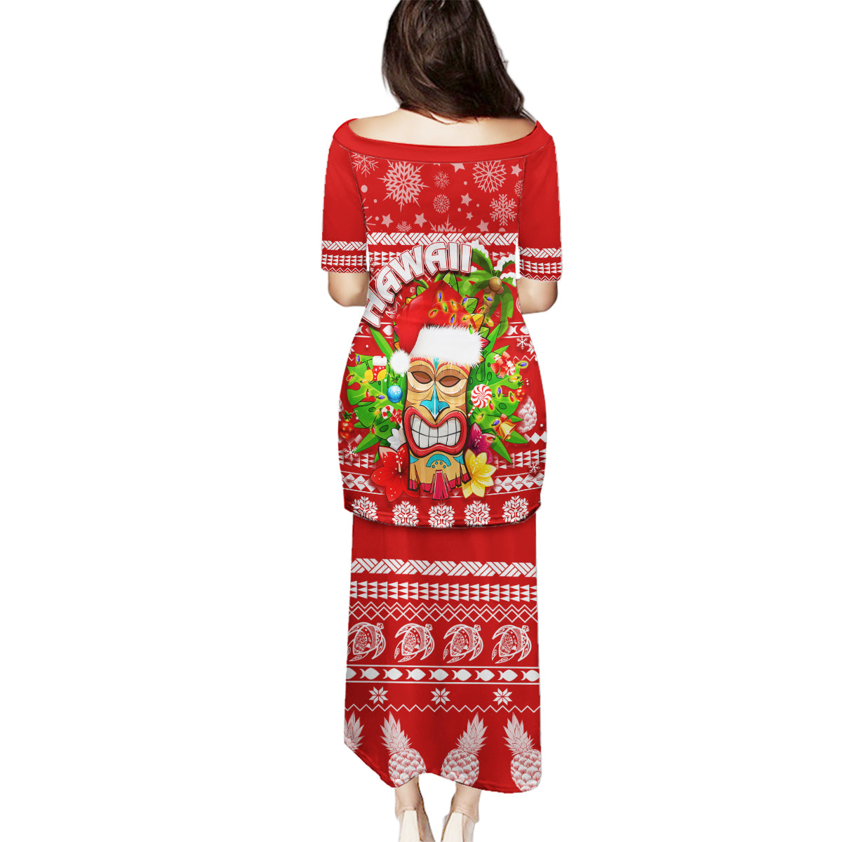 Hawaii Tiki Christmas Family Matching Puletasi Dress and Hawaiian Shirt Mele Kalikimaka - Wonder Print Shop