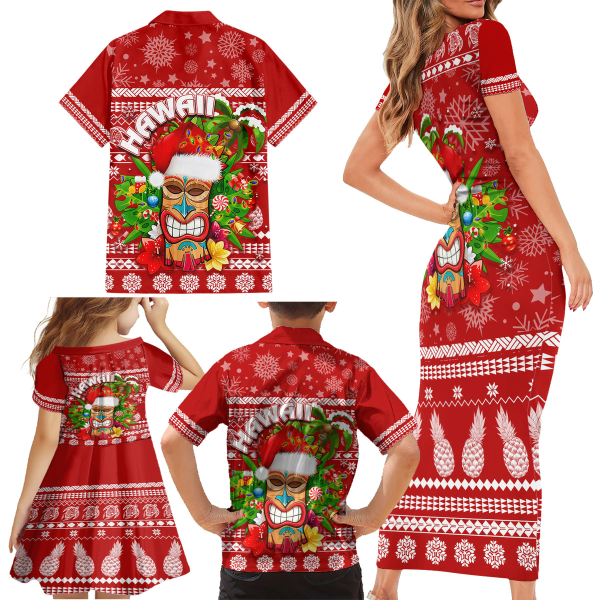 Hawaii Tiki Christmas Family Matching Short Sleeve Bodycon Dress and Hawaiian Shirt Mele Kalikimaka - Wonder Print Shop