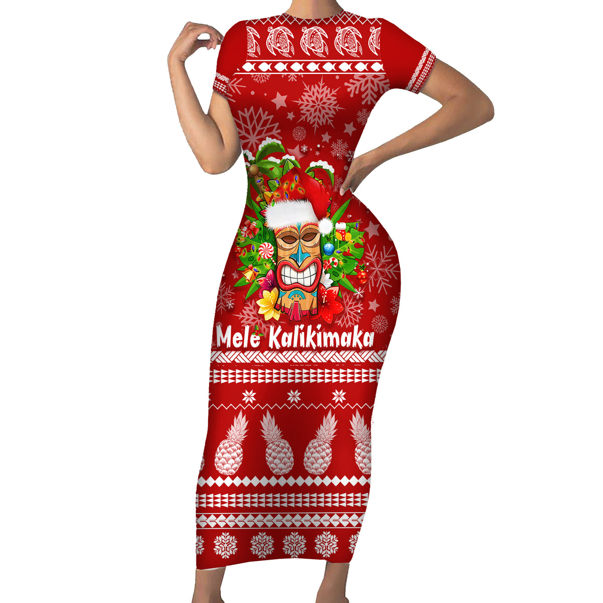 Hawaii Tiki Christmas Family Matching Short Sleeve Bodycon Dress and Hawaiian Shirt Mele Kalikimaka - Wonder Print Shop
