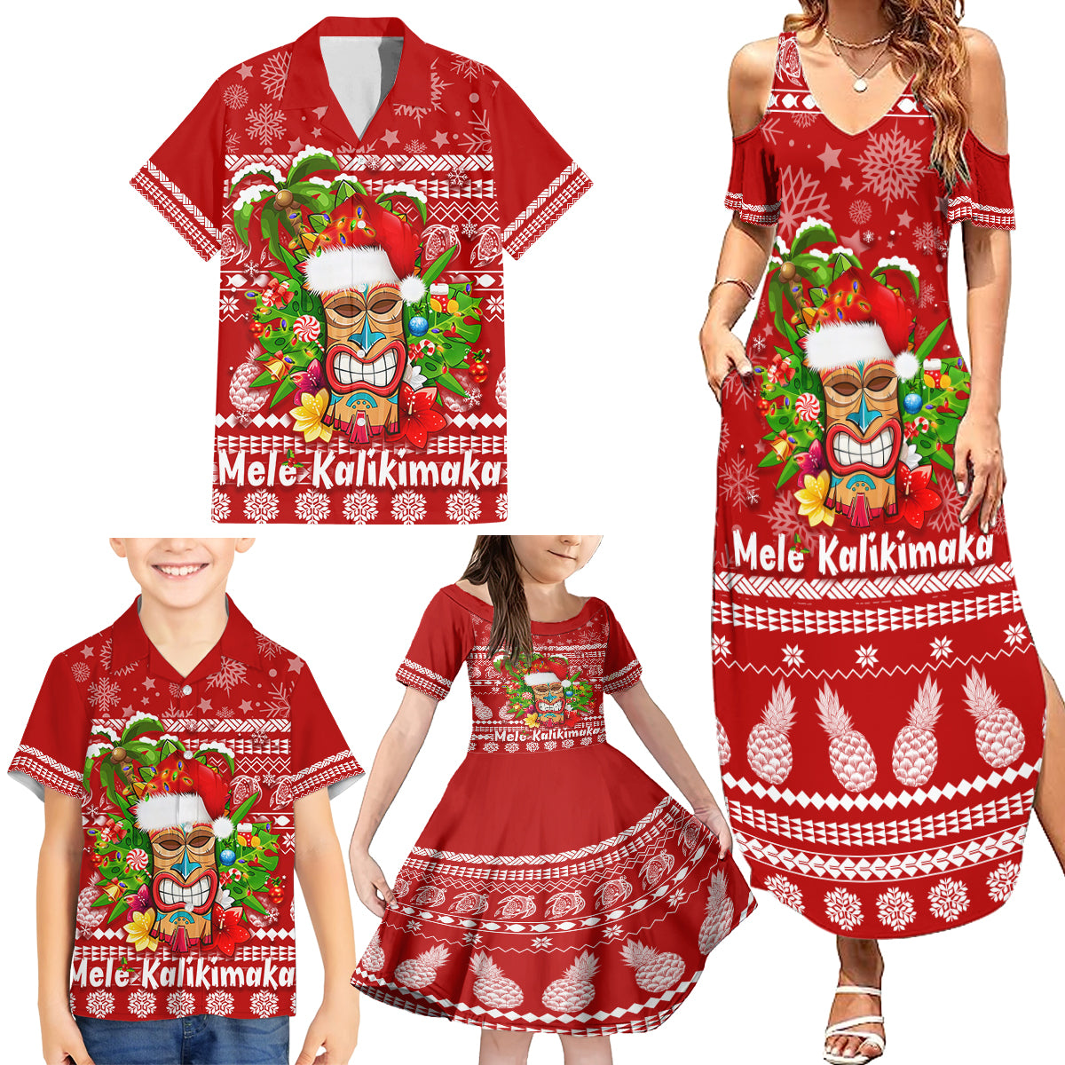Hawaii Tiki Christmas Family Matching Summer Maxi Dress and Hawaiian Shirt Mele Kalikimaka - Wonder Print Shop