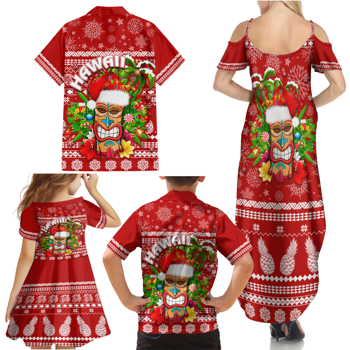Hawaii Tiki Christmas Family Matching Summer Maxi Dress and Hawaiian Shirt Mele Kalikimaka - Wonder Print Shop