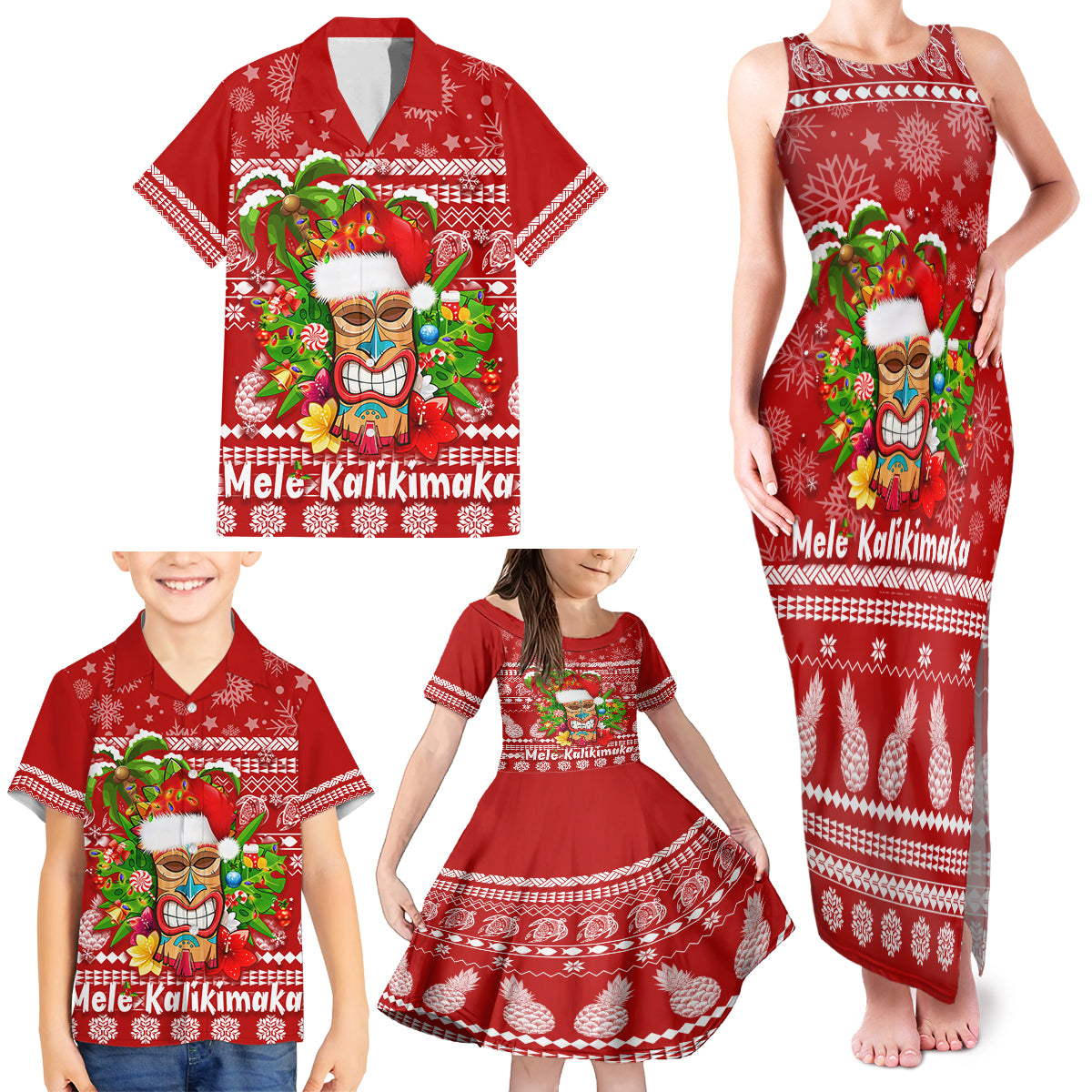 Hawaii Tiki Christmas Family Matching Tank Maxi Dress and Hawaiian Shirt Mele Kalikimaka - Wonder Print Shop