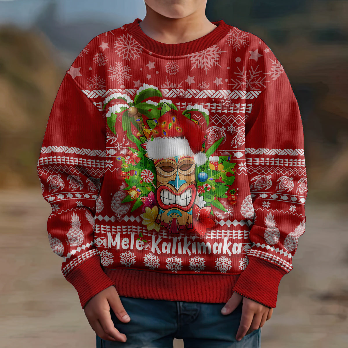 Hawaii Tiki Christmas Kid Ugly Christmas Sweater Mele Kalikimaka - Wonder Print Shop