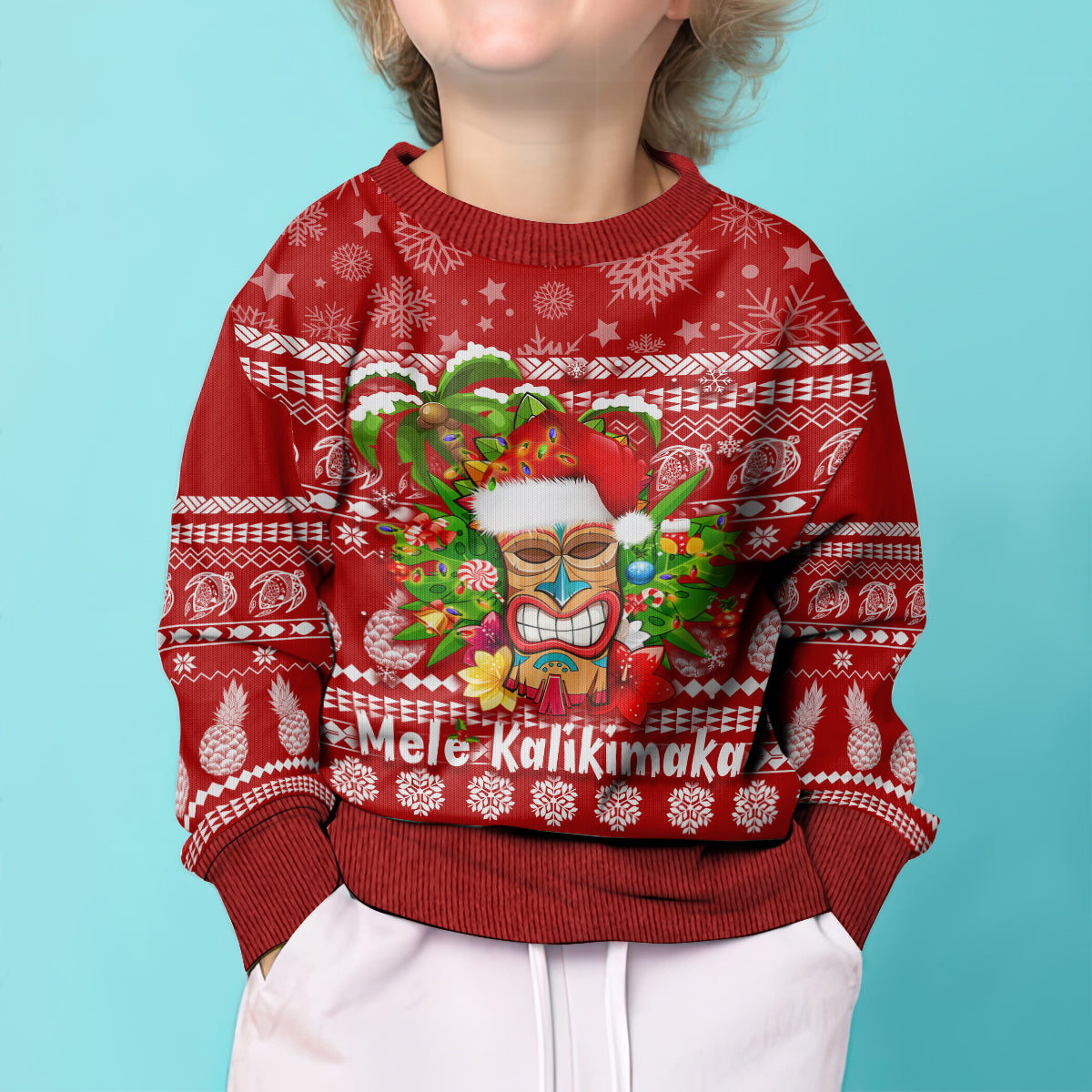 Hawaii Tiki Christmas Kid Ugly Christmas Sweater Mele Kalikimaka - Wonder Print Shop