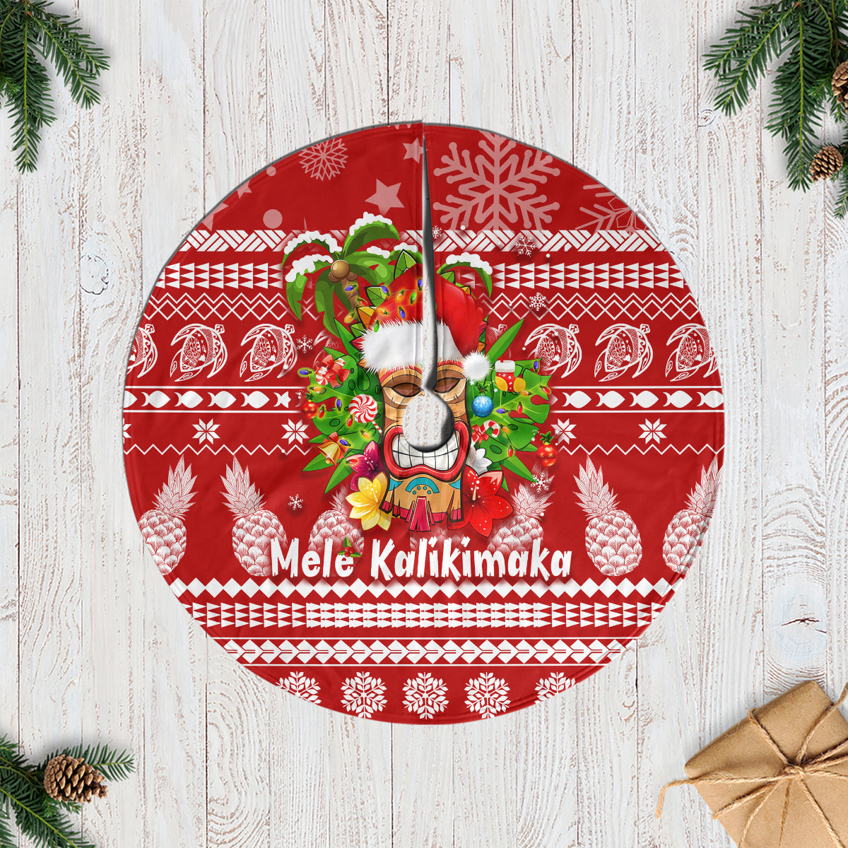 Hawaii Tiki Christmas Tree Skirt Mele Kalikimaka - Wonder Print Shop