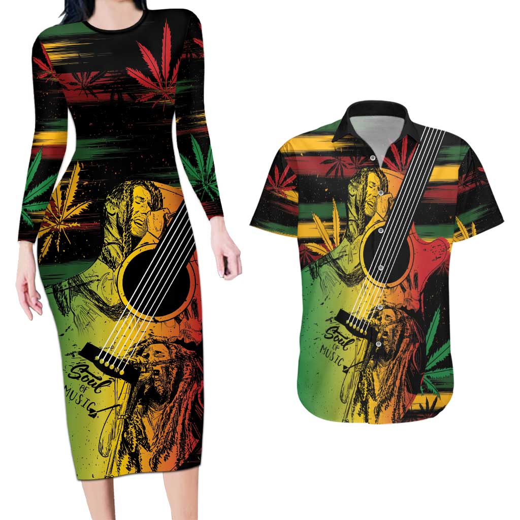 Personalised Reggae Soul Couples Matching Long Sleeve Bodycon Dress and Hawaiian Shirt Sketch Style LT7 - Wonder Print Shop