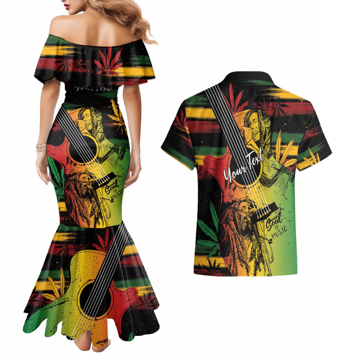 Personalised Reggae Soul Couples Matching Mermaid Dress and Hawaiian Shirt Sketch Style LT7 - Wonder Print Shop