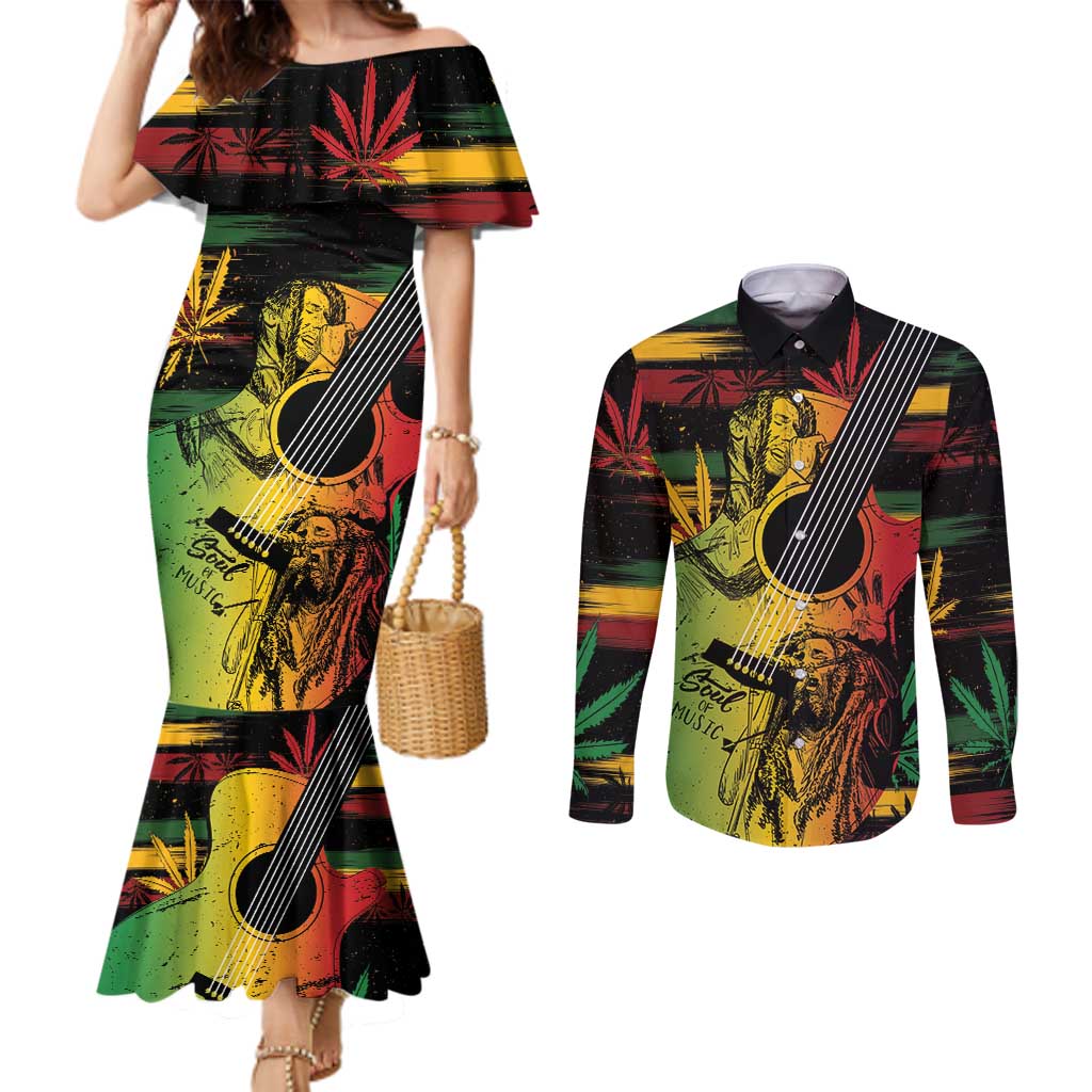 Personalised Reggae Soul Couples Matching Mermaid Dress and Long Sleeve Button Shirt Sketch Style
