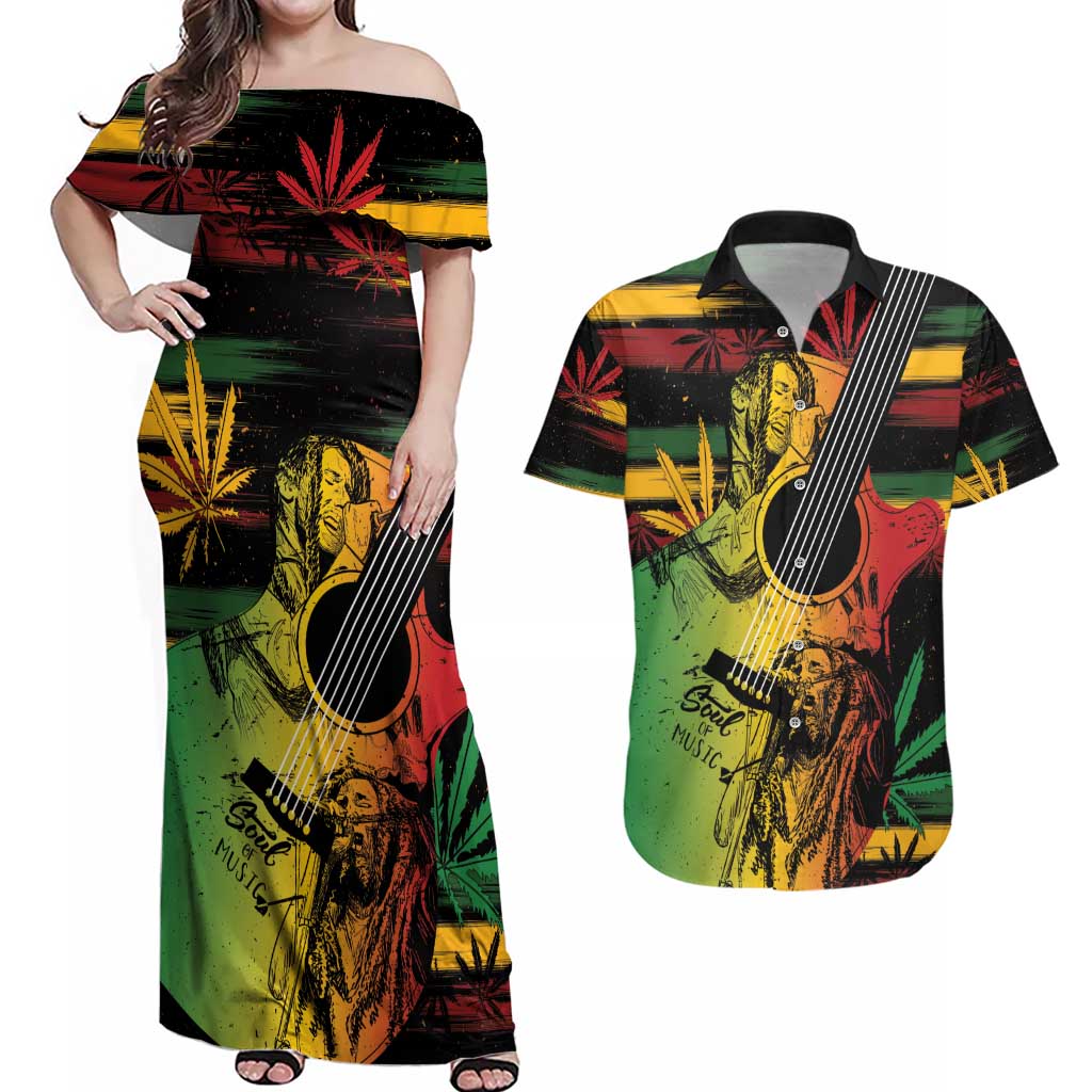 Personalised Reggae Soul Couples Matching Off Shoulder Maxi Dress and Hawaiian Shirt Sketch Style LT7 - Wonder Print Shop