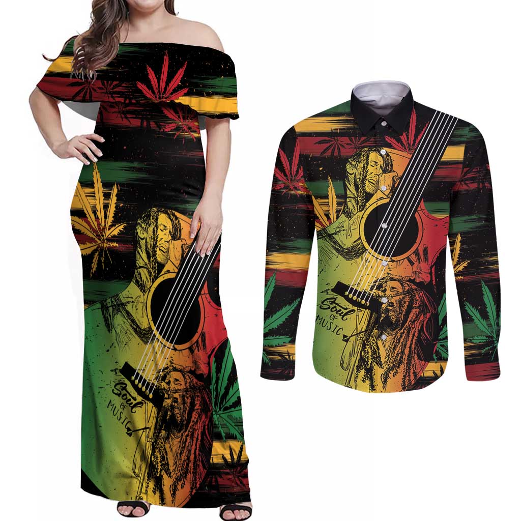 Personalised Reggae Soul Couples Matching Off Shoulder Maxi Dress and Long Sleeve Button Shirt Sketch Style LT7 - Wonder Print Shop