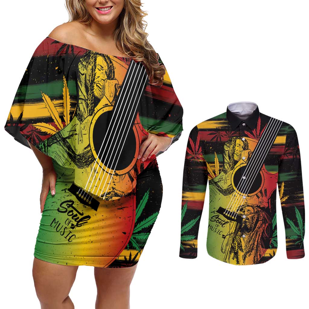 Personalised Reggae Soul Couples Matching Off Shoulder Short Dress and Long Sleeve Button Shirt Sketch Style LT7 - Wonder Print Shop